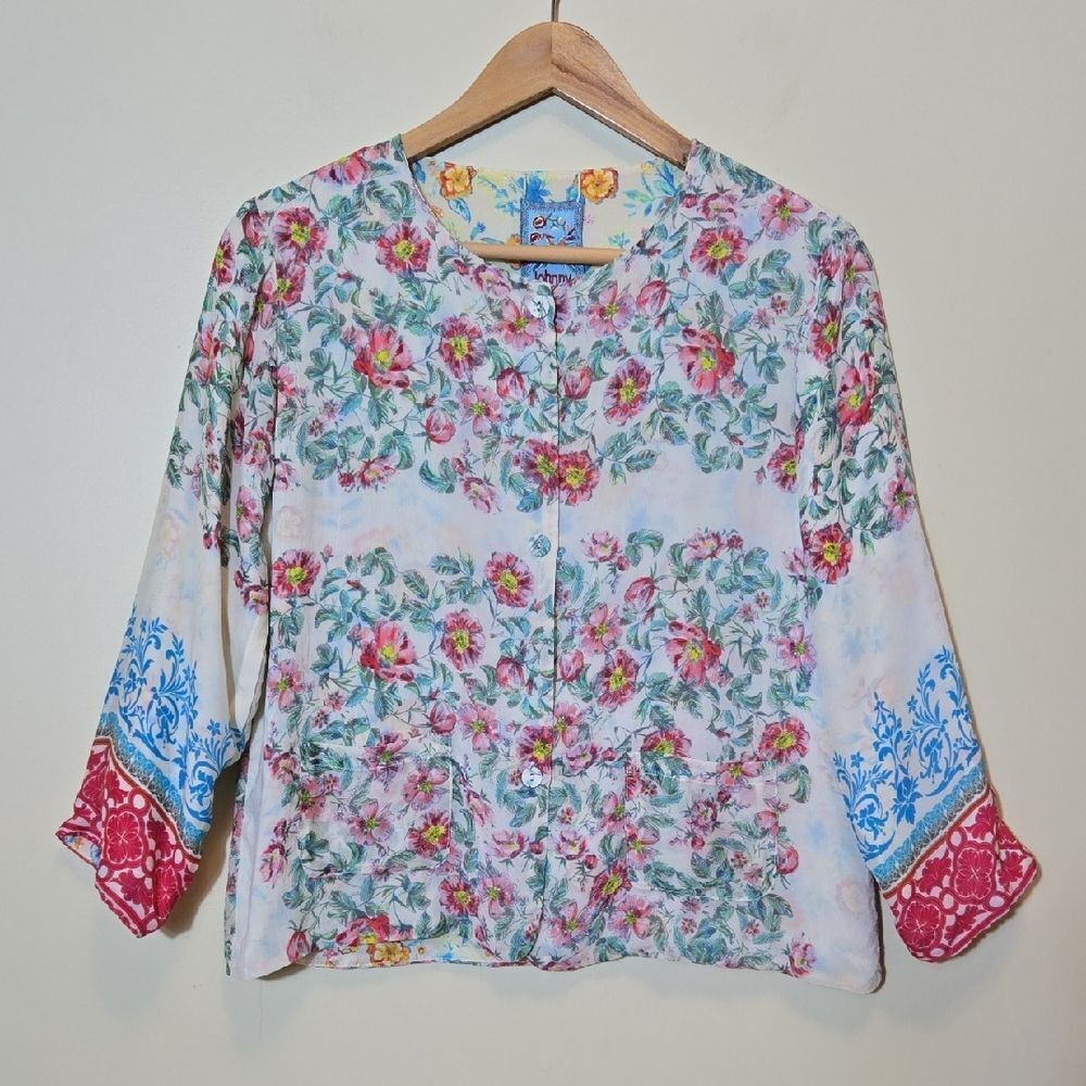 Johnny Was Floral Cardigan Blouse XS Silk‎ Cupra Rayon Whimsy Twee Reversible